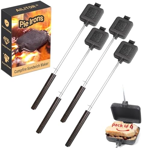AILITOR Campfire Sandwich Maker Cast Iron Pack of 4 - Pudgy Pie Maker for Camping, Mountain Pie Cooker