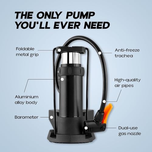 Image of Bike Car Cycle Tyre Air Pump Portable Activated High Pressure Mini Foot Floor Pump with Pressure Gauge Lightweight for Roadtrip Motorbikes, Car, Bicycle, Football and Air Mattress Tubeless