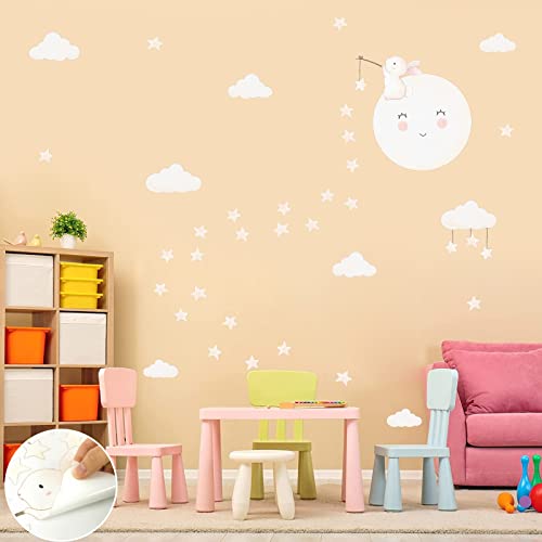 Moon Star Wall Decals Cartoon Rabbit Wall Stickers Cute Bunny Wall Decals Moon Cloud Wall Decals Watercolor Moon And Star Wall Stickers For Nursery Girls Bedroom Baby Room Decor #TOP3