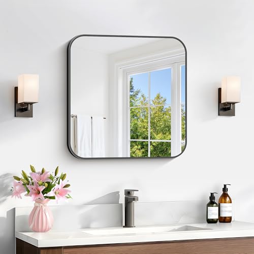 Image of Black Bathroom Mirror, 18 x 18 inch Square Mirrors for Wall, Metal Frame Rounded Corner Vanity Mirror for Over Sinks Modern Bedroom Living Room Horizontal Or Vertical Mounting