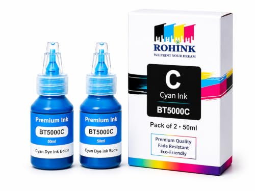 Image of ROHINK Premium Dye Ink Bottles for Brother Printers, T220, T300, T310, T420, T500, T520, T820, T920, T510, T910, T710, T4500W, T800W, T710W - Printer (BTD5000 Cyan Pack 2)