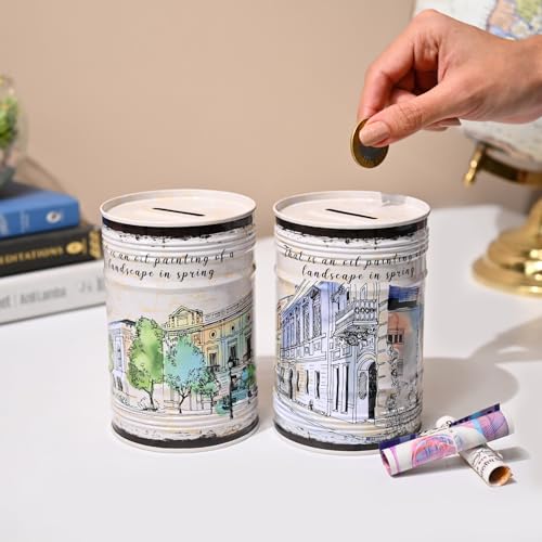 Image of Market99 Set of 2 Round Money Banks | White Tin Coin Banks with Glossy Finish & Vintage Theme Print | Decorative Piggy Banks for Kids, Adults, Home & Office | Ideal Gift & Savings Accessory