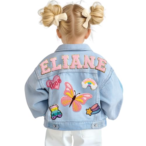 Custom Patch Jean Jacket with Personalized Name | Back to School Outfits for Toddlers Boys Girls Pupils 1-8 Year Old Birthday Gift, Custom Fashion Name Denim Jacket, Outerwear Jean Jacket for Boy Girl