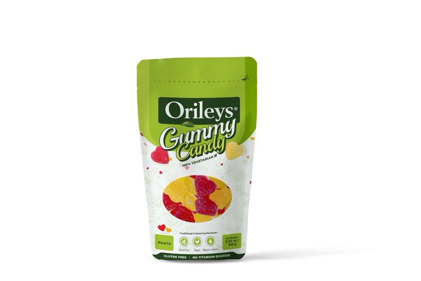 Orileys Vegan Gummy Heart candy – 100% Natural Colours Juiced from Anti-oxidant Rich Beetroot, Spinach, Turmeric, and Paprika - 100 grams