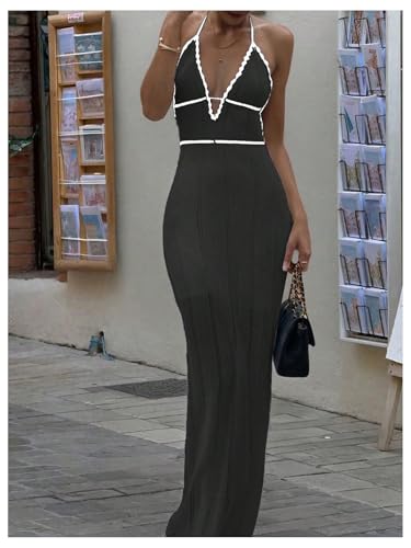 Image of SOLY HUX Women's Tie Backless Maxi Halter Dress Deep V Neck Sleeveless Knit Elegant Dresses