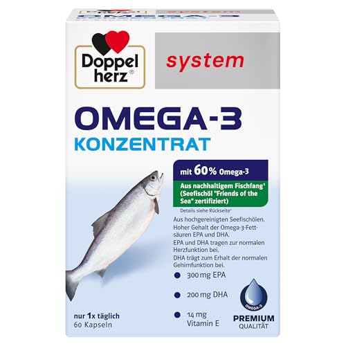 Doppelherz system OMEGA-3 KONZENRAT – Mit 300 mg EPA und 200 mg DHA pro Kapsel als Beitrag für die normale Gehirn- und Herzfunktion – 60 Kapseln