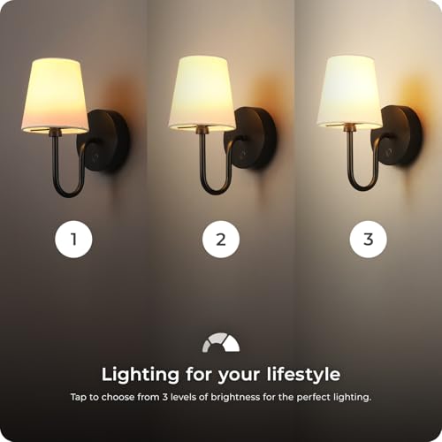 Image of Globe Electric 65000132 Rechargeable Battery Wall Sconce, Integrated LED, Matte Black Finish, White Fabric Shade, 3-Step Touch Dimming, Timer, USB-C Charging, Wireless Modern Lighting