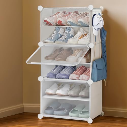 Image of ABOUT SPACE Shoe Rack for Home with Door - 12 Pair DIY Slipper Stand with Hanger, 3 Cube Expandable Shelves Closed Shoes Rack for Home Men, Women Heels Boots Flip-Flops (White - L 40 x B 30 x H 90 cm)