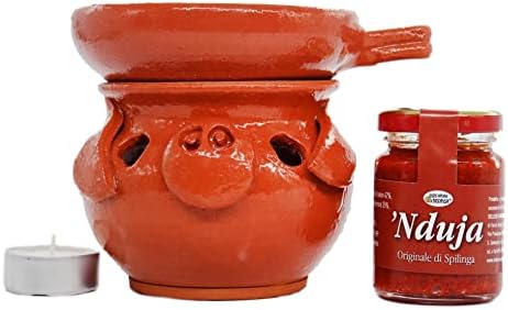 Nduja di Spilinga 90g + Warmer Nduja (Scalda Nduja) in Terracotta Piggy Shape - Handmade by Calabrian Artisans -Delizie Vaticane di Tropea 720gr