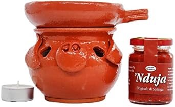 Nduja Artisan Calabrian Terracotta Warmer - Pig + Nduja Jar 90 g + Candle - Made by Calabrian Artisans 100% Suitable for Food - Delizie Vaticane di Tropea