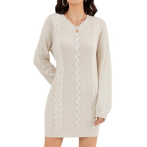 ZLIGXEA Damen Zopfmuster Strickpullover Kleid Bodycon Minikleid mit V-Ausschnitt Langarm Herbst Winter Figurbetontes Strickkleid Aprikose M