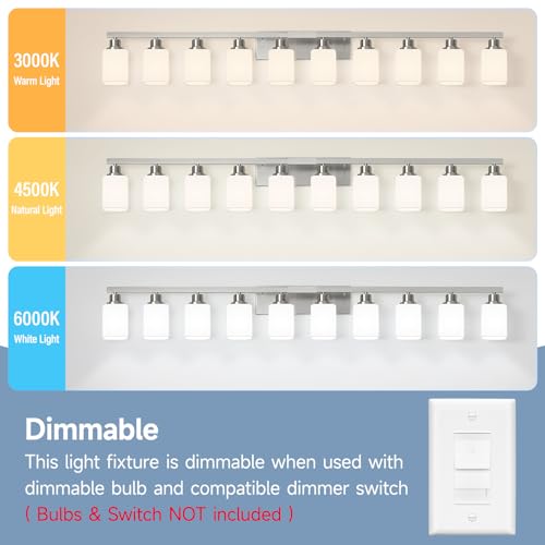 Image of 10-Light Bathroom Vanity Light Brushed Nickel,64.5in Vanity Lights with Square Frosted Glass,Modern Bathroom Wall Lights Fixtures Over Mirror,Wall Sconces Lighting for Bedroom Living Room,E26