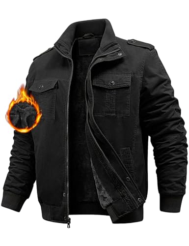 Niwicee Chaqueta Hombre Invierno Militar Cazadora Jacket Forro de lana Chaquetas de Trabajo Con Múltiples Bolsillos Cortaviento Casual Cálida Chaqueta de Algodón (Negro, L)