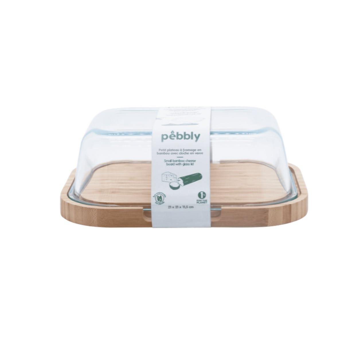 Pebbly – Käsebox mit Glasglocke und Bambustablett – 27 x 21,5 x 9,5 cm – Für 3 bis 4 Käsesorten, klein und kompakt, ideal zum Aufbewahren und Servieren, aus natürlichen Materialien