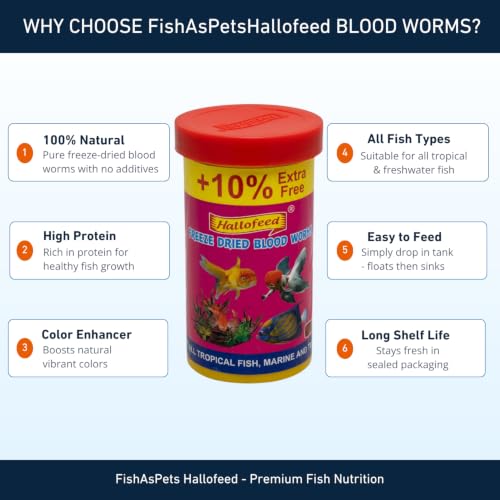 Image of Hallofeed Freeze Dried Blood Worms Fish Food - 22 Grams | Natural High-Protein Aquarium Feed | Enhances Color & Growth for Bettas, Cichlids, Goldfish & Tropical Fish