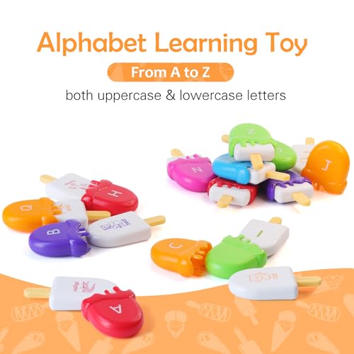 Image of USATDD ABC Alphabet Learning Toys Alphabet Popsicles Animal Matching Toy Uppercase Lowercase Preschool Learning Activities Montessori Toys Gifts for Kids Toddlers, 52 Pcs