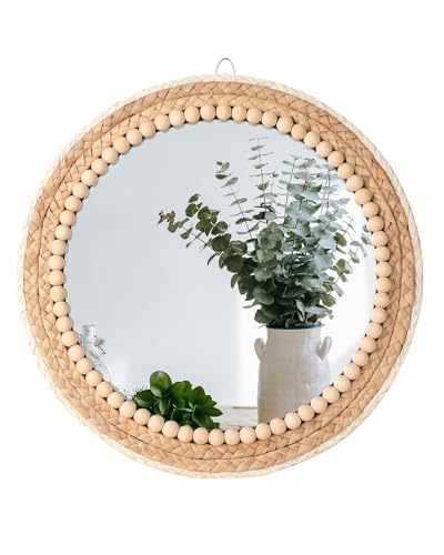 Boho Round Hanging Rattan Circle Nursery Mirror, Decorative Wall Decor