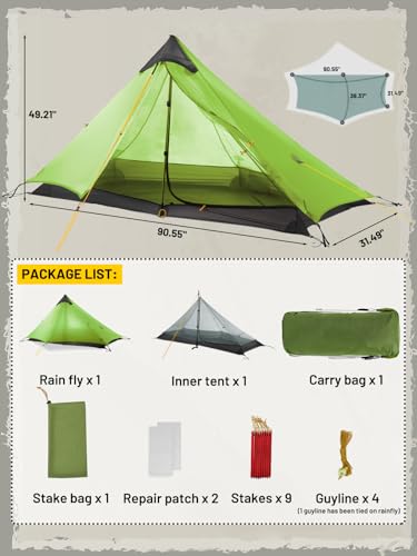 MIER Lanshan Ultralight Tent 3-Season Backpacking Tent for 1-Person or 2-Person Camping, Trekking, Kayaking, Climbing, Hiking, Green, 1-Person - Image 7