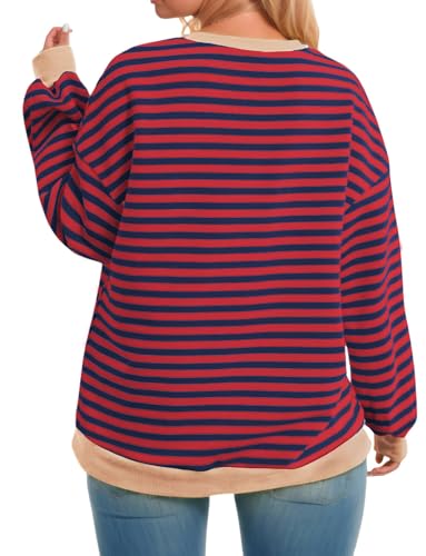 Image of ROSRISS Womens-Plus-Size-Oversized-Sweatshirts Striped Colorblock Long Sleeve Shirts Casual Crewneck Pullover Sweaters XL-5XL