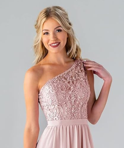 Image of Women's One Shoulder Bridesmaid Dresses Long for Wedding with Pockets Lace Bodice A-Line Chiffon Formal Party Gown