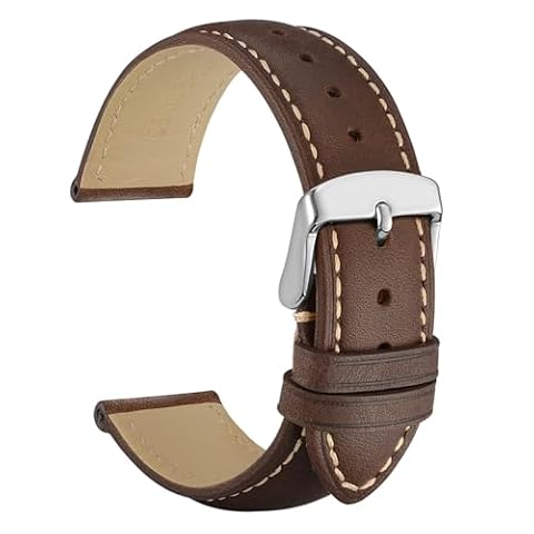 WOCCI Skórzany pasek do zegarka vintage ze srebrną klamrą ze stali nierdzewnej, pasek zastępczy 14 mm 18 mm 19 mm 20 mm 21 mm 22 mm 23 mm 24 mm, Ciemnobrązowy / ścieg kontrastowy, 22mm
