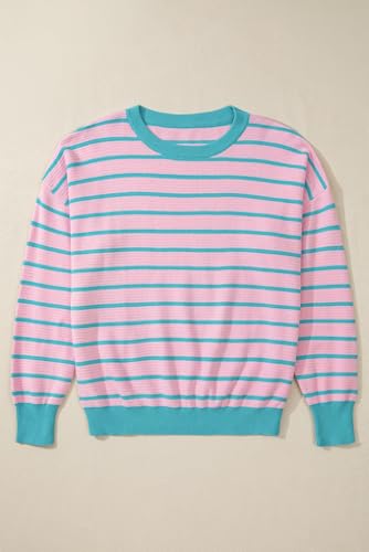 Women's Pink Stripe Trimmed Round Neck Drop Shoulder Sweater4