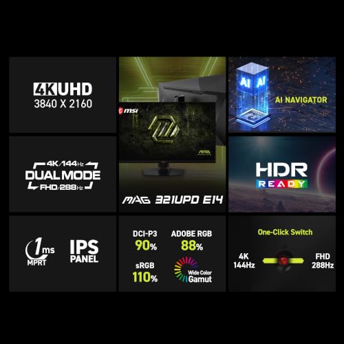 Image of msi MAG 321UPD E14 32-inch 3840 x 2160 (UHD) Gaming Monitor, 320Hz, AMD FreeSync Premium, Dual Mode, HDMI, DisplayPort, VESA, Tilt, Height Adjustable, Speaker, 0.05ms, Black