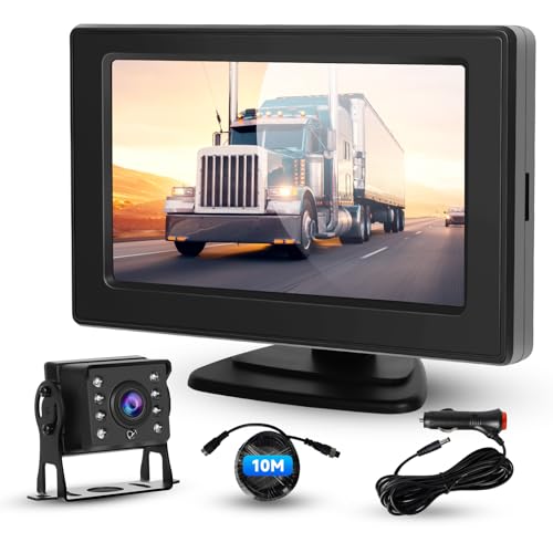 Cámara de Visión Trasera 4,3 Pulgadas Monitor IPS, Resistente al Agua IP68, Visión Nocturna, Giro de Imagen, Ayuda de Estacionamiento para Camione Rem...