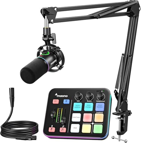 MAONO Gaming-Streaming-Equipment-Bundle: Audio-Interface-Mixer und dynamisches XLR-Mikrofon mit RGB-Rauschunterdrückung für Live-Streaming und Podcasting – MaonoCaster PD200XS & G1 NEO