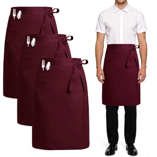 Image of zvzvrog 3 Pack Red Waist Apron with 2 Pocket for Chef Catering Serve Work