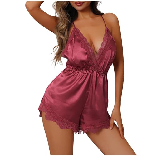 Image of Women's Sexy Lingerie Romper Backless V Neck Babydoll Sleepwear One Piece Shorts Cami Jumpsuit Pjs Overall Ladies