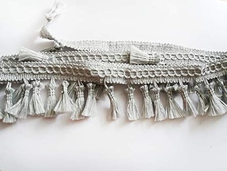 Fringe Tassel Trim Garland Bobble Ribbon Lace Tape with Tassels for Curtains Lampshade Cushion Craft - Sold by The Metre - Silver Grey
