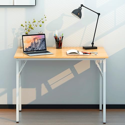 Image of Need Office Computer Desk 39.3 Inch Sturdy Folding Laptop Table Teak | White Frame Writing Gaming Work Table /Foldable Home Office Desk /Sewing Table, No Assembly Required