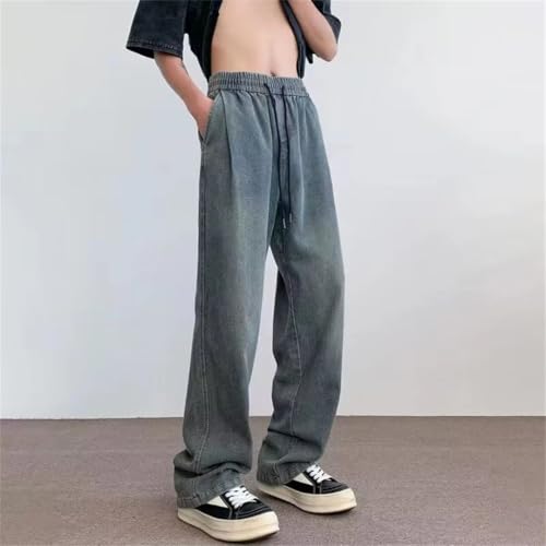 Men's Elastic Waist Lace Up Denim Pants Vintage Wash Draping Trousers Loose-Fit High Street Jeans3