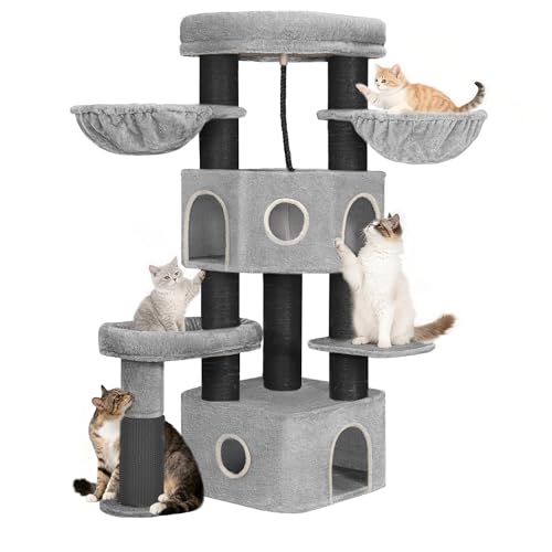Hzuaneri Kratzbaum, 163 cm Katzenbaum, 11 cm d Dicke Sisalstämme, für Große Katze, 2 Höhlen, Geräumige Plattform, Plüschball, Katzenbürste, Mehrstöckiger Katzenkratzbaum, Hellgrau Schwarz MS16318BG