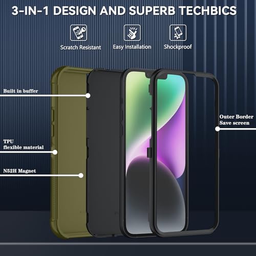 Image of SunStory Compatible with iPhone 13 /14 Case with HD Screen Protector, 3-Layer Heavy Duty Full-Body Cover,3 in 1 Hybrid Protective Case for iPhone 13 /14 6.1 inch, ArmyGreen