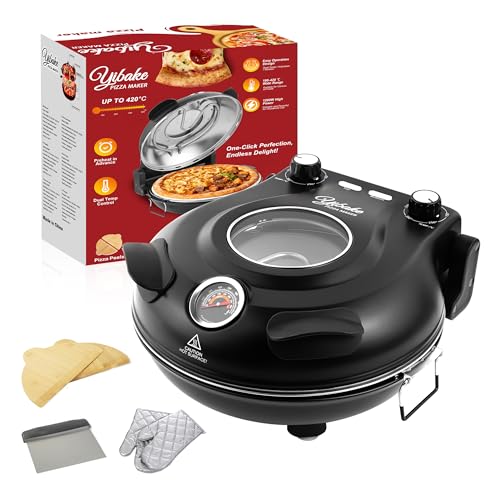 YIBAKE Forno Pizza Elettrico, Pizza 4' Minuti, Φ 31cm Pietre da Forno, Max 420℃ Forno Pizza, inkl. Pala per Pizza, Raschietto e Ricette Ferroso