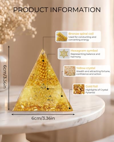 Image of Healing Crystals Orgone Pyramid (Hexagram - Star of David) - Energy Generator for Positive Vibe, Stress Relief & Chakra Reiki Meditation - Spiritual Gift for Success, Wealth & Prosperity (Golden)