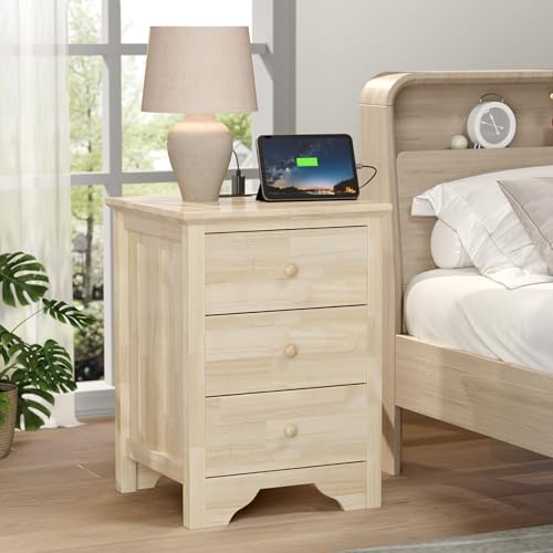 Bonnlo Solid Wood Nightstand Unfinished for Color DIY 18.54 W Nightstand with Charging Station Nightstand with Drawers Natural Wood Nightstands/Bed Side Table/End Table Night Stand for Bedroom