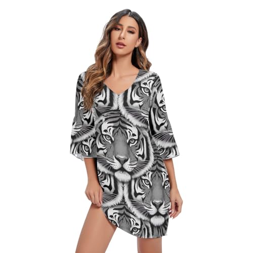 Robe décontractée en mousseline à manches 3/4 imprimé tigres noir blanc gris swing dress