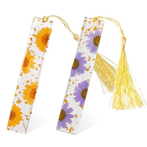 PROUSKY Lot de 2 marque-pages fleurs pressées en résine de fleurs séchées, marqueurs de page de lecture de fleurs pressées avec gland, marqueurs de marguerite pour lecteurs, étudiants Cover