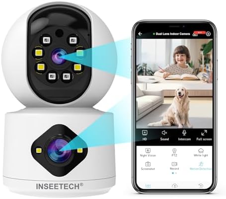 5MP Dual Lens Security Camera, 2.4GHz WiFi Indoor Camera, PTZ Security Camera for Baby Pet Dog Cat Home, Night Vision, Motion Detection, 2-Way Audio, Siren, 24/7 Recording with Phone App
