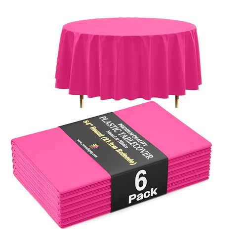 Image of Exquisite 66% Thicker Premium Cerise Round Tablecloth 0.5 Mil 6 Pack Plastic Table Cloth Disposable 84 Inch Round Plastic Tablecloth Won't Tear Easily Like Cheap Thin Brands