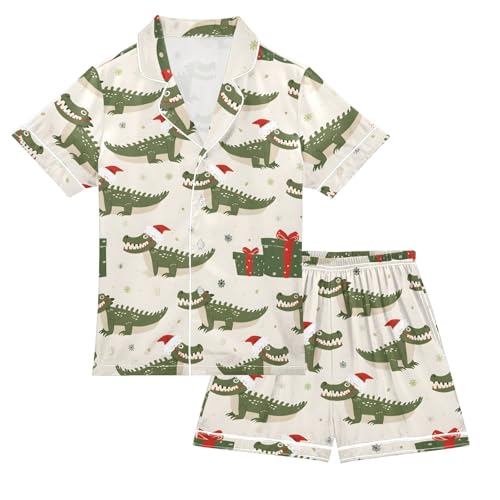 ALAZA Crocodile Hat Christmas Satin Pajamas Set Short Sleeve Button Down Sleepwear Summer Pjs 2 Piece