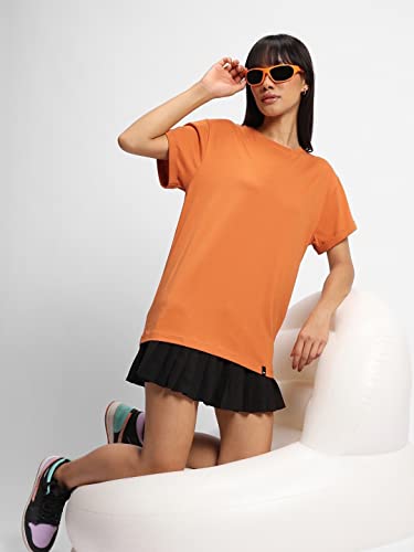 Image of Bewakoof Women Cotton Loose Fit Solid T-Shirt Boyfriend Fit, Round Neck, Half Sleeve