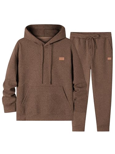 JMIERR Sweatsuits for Men Set 2 Piece Airport Outfits Jacquard Sweatsuits Long Sleeve Hoodie Sweatshirt & Joggers Sweatpants, Fall Tracksuit Matching Lounge Sets, Large, Coffee