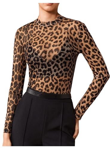 Floerns Women's Leopard Print Sheer Mesh Long Sleeve Tee Shirts Without Bra