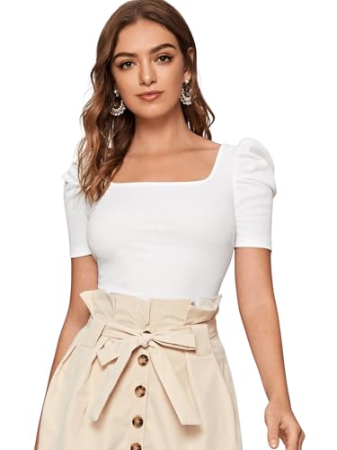 WDIRARA Women's Puff Sleeve Square Neck Short Sleeve Elegant Tee Top