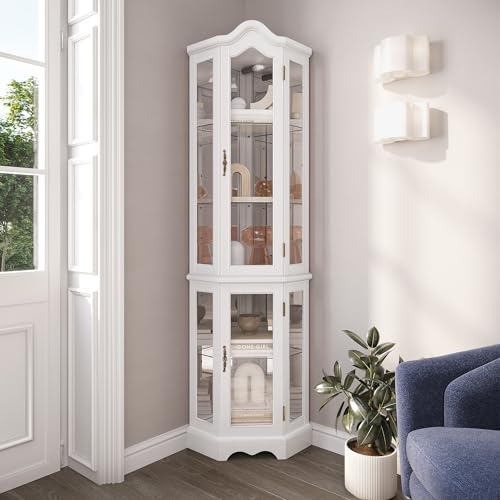BELLEZE Lighted 3-Side Glass Display Curio Cabinet w/ Tempered Glass Doors and Shelves, Curved Wood Corner Cabinet with Bulb, Corner Storage Rack (Whi