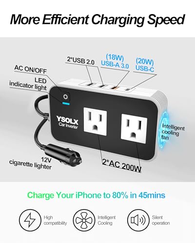 YSOLX 200W Car Power Inverter 12V to 110V for Vehicles, Car Plug Adapter Outlet with 4 USB Fast Charger, Car Charger Cigarette Lighter Adapter for Phone, Laptop on Road Trip